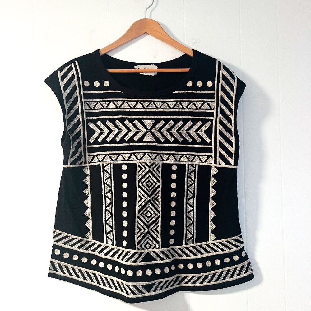 Savanna Jane Embroidered Aztec Top Black Blouse Boho Chic Medium - Picture 6 of 13